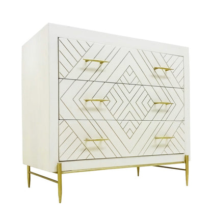38" Ivory Carved Geometric Solid Wood Three Drawer Dresser