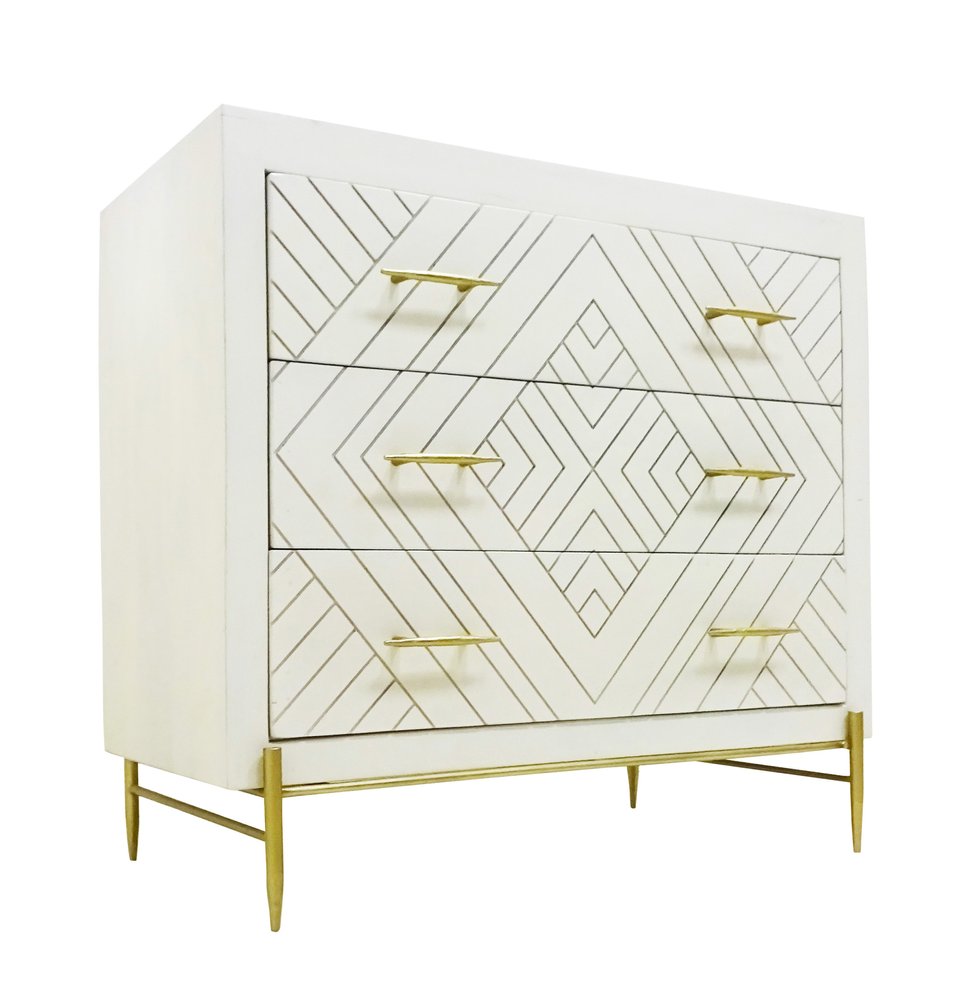38" Ivory And Gold Carved Geometric Solid Wood Three Drawer Dresser