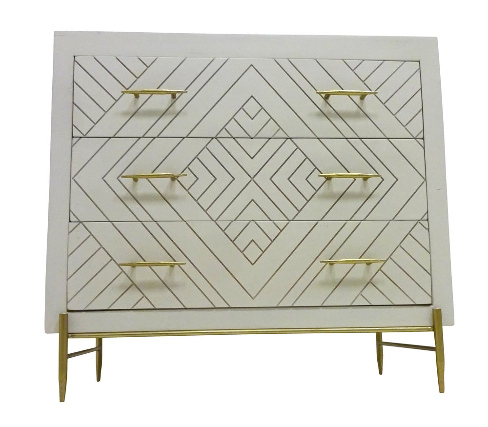 38" Ivory And Gold Carved Geometric Solid Wood Three Drawer Dresser