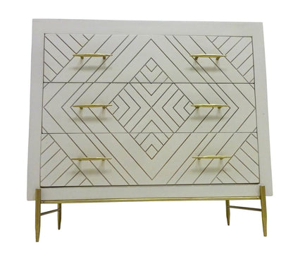 38" Ivory And Gold Carved Geometric Solid Wood Three Drawer Dresser