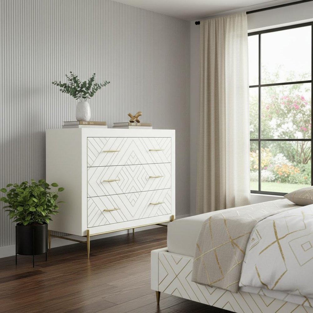 38" Ivory Carved Geometric Solid Wood Three Drawer Dresser