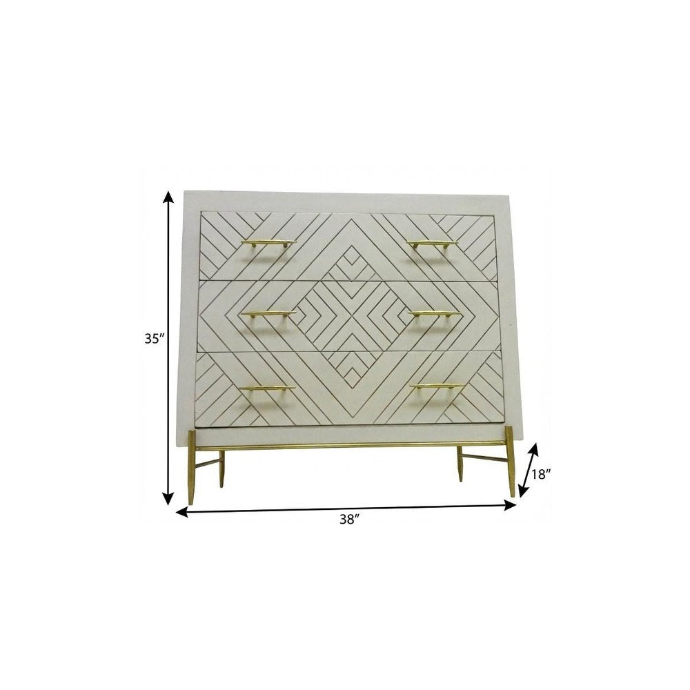 38" Ivory And Gold Carved Geometric Solid Wood Three Drawer Dresser