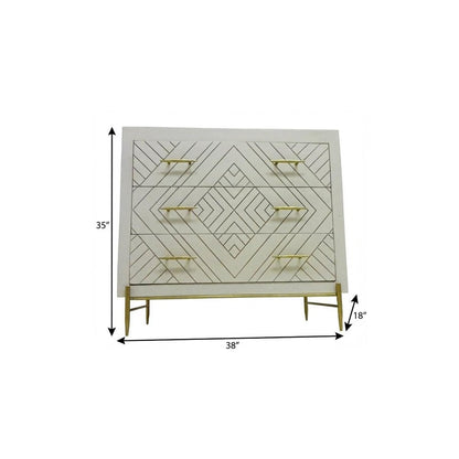 38" Ivory And Gold Carved Geometric Solid Wood Three Drawer Dresser