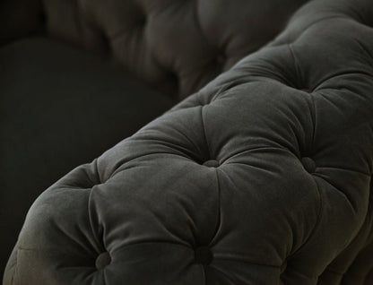 74" Dark Gray And Gold Velour Chesterfield Loveseat