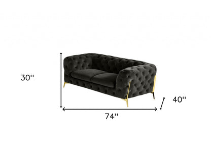 74" Dark Gray And Gold Velour Chesterfield Loveseat