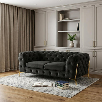 74" Dark Gray And Gold Velour Chesterfield Loveseat