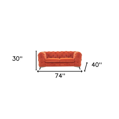 74" Orange And Silver Velvet Chesterfield Loveseat