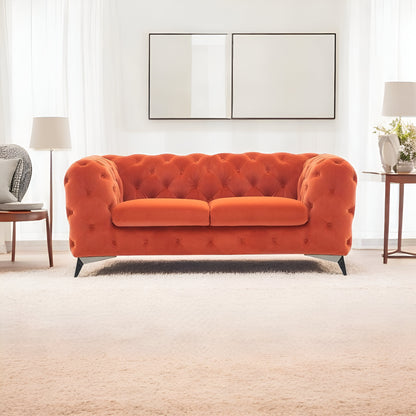 74" Orange And Silver Velvet Chesterfield Loveseat