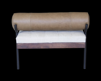 72" Ivory Brown And Black Tufted Cotton Wood And Metal Cushioned Bench With Pillow