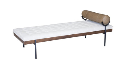 72" Ivory Brown And Black Tufted Cotton Wood And Metal Cushioned Bench With Pillow