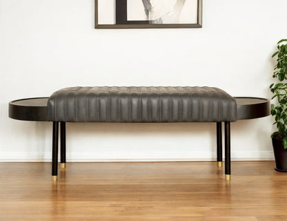 56" Dark Gray and Black Upholstered Genuine Leather Bench