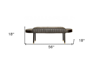 56" Dark Gray and Black Upholstered Genuine Leather Bench