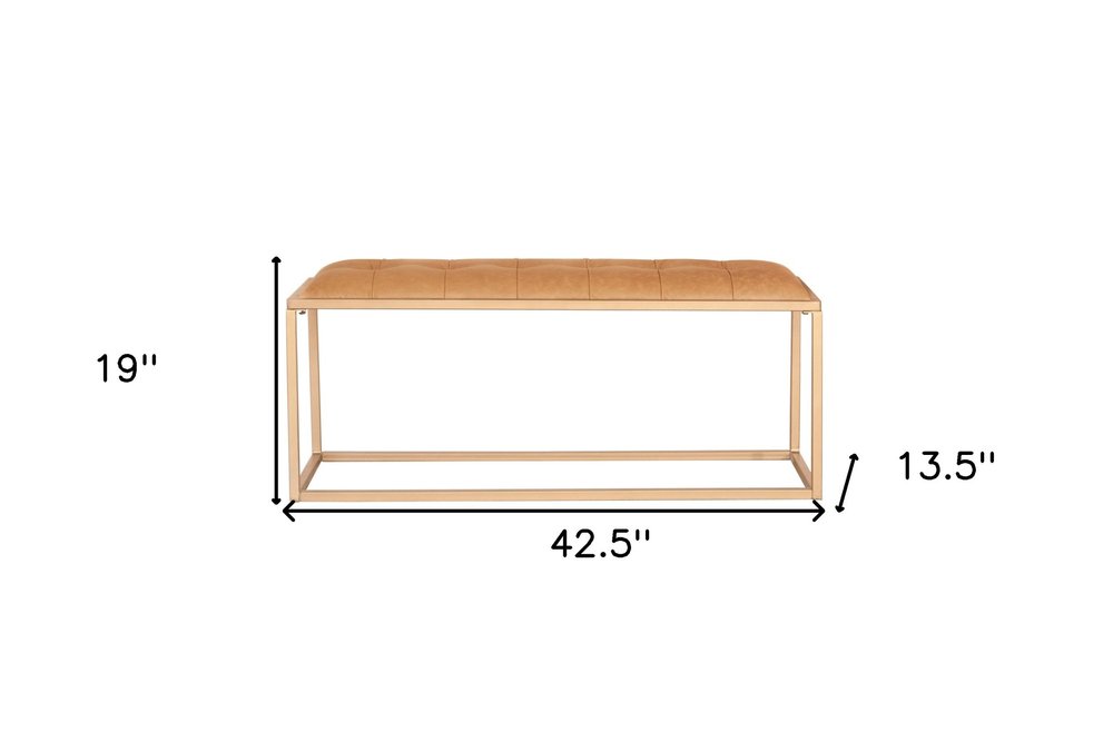 43" Brown And Gold Tufted Genuine Leather And Steel Upholstered Bench