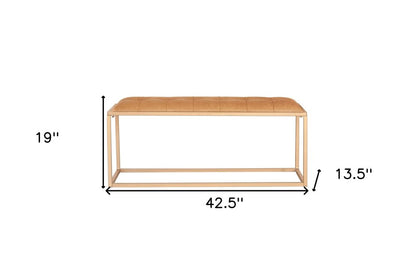 43" Brown And Gold Tufted Genuine Leather And Steel Upholstered Bench