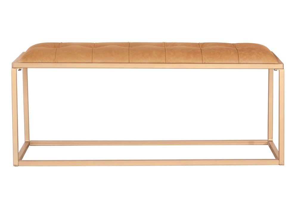 43" Brown And Gold Tufted Genuine Leather And Steel Upholstered Bench