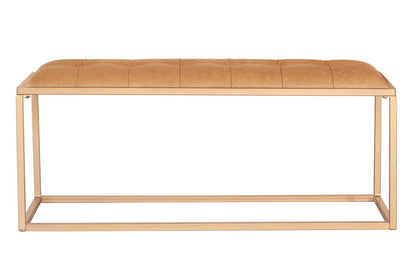 43" Brown And Gold Tufted Genuine Leather And Steel Upholstered Bench
