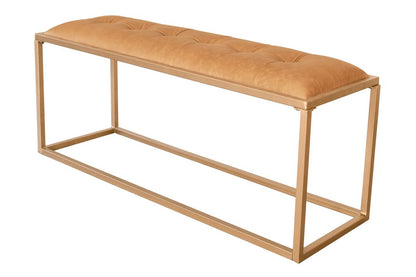 43" Brown And Gold Genuine Leather And Metal Upholstered Bench