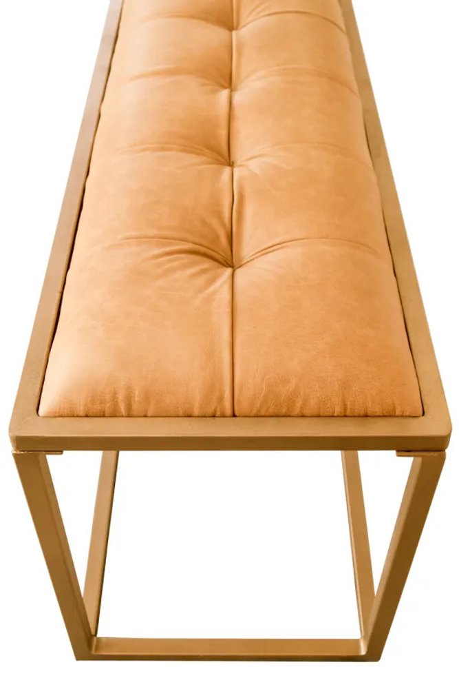43" Brown And Gold Genuine Leather And Metal Upholstered Bench