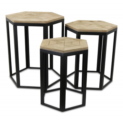 Set Of Three 25" Black And Brown Solid Wood And Steel Hexagon Nested Tables