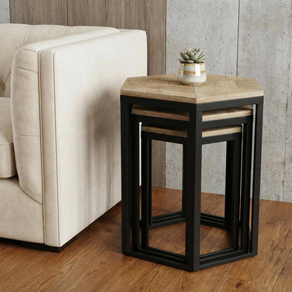 Set Of Three 25" Black And Brown Solid Wood And Steel Hexagon Nested Tables