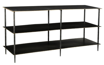 48" Black Iron Six Leg Console Table Two Shelves
