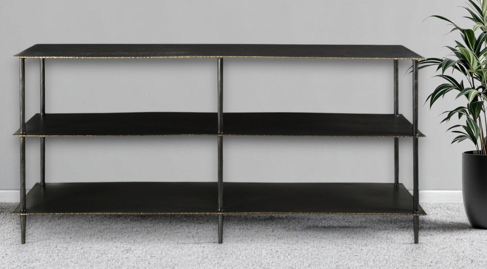 48" Black Iron Six Leg Console Table Two Shelves