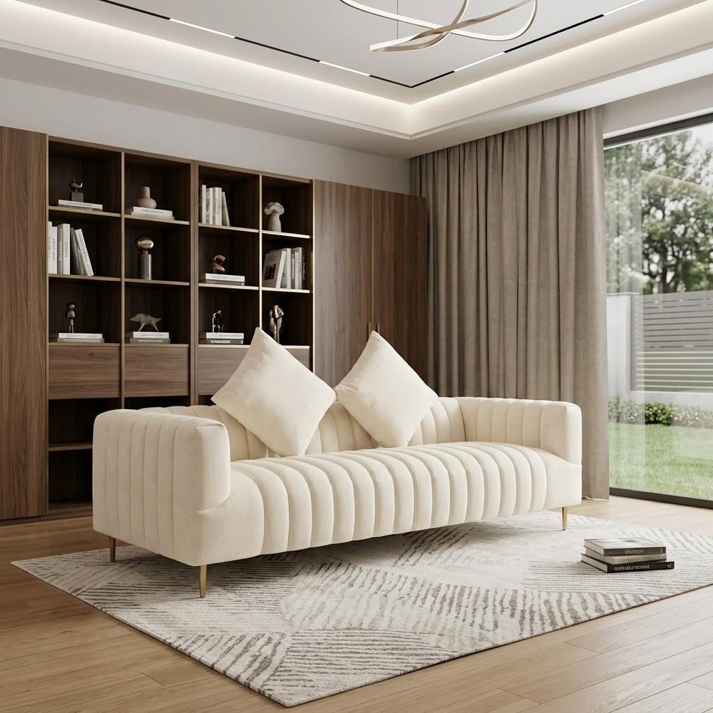 90" Ivory Velvet Sofa And Toss Pillows With Gold Legs