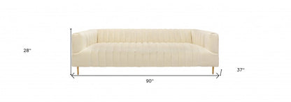 90" Ivory Velvet Sofa And Toss Pillows With Gold Legs