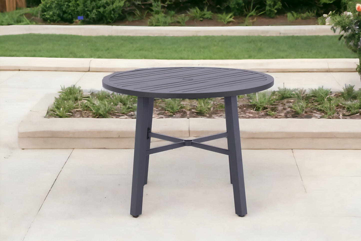 42" Black Rounded Metal Outdoor Dining Table With Umbrella Hole