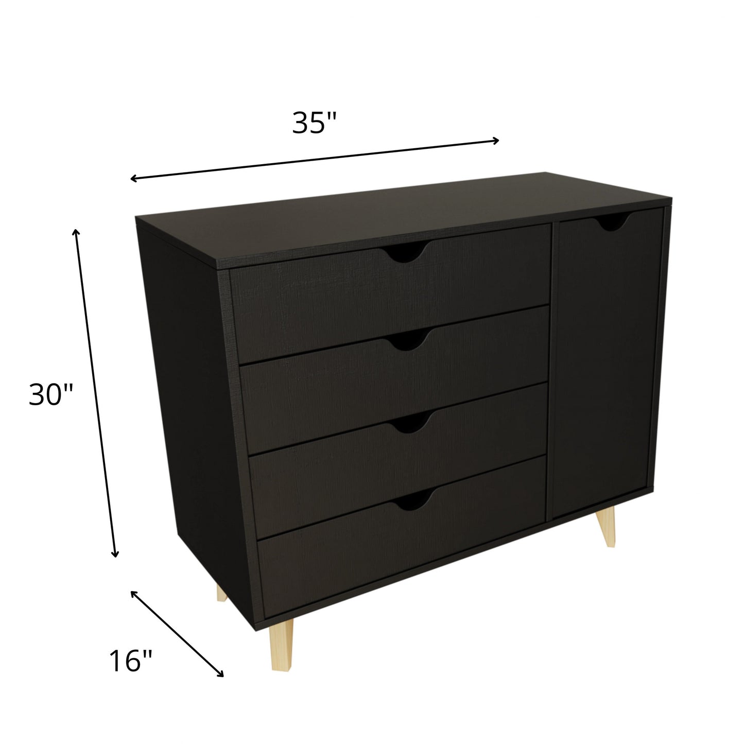 35" Black Solid Wood Four Drawer Combo Dresser