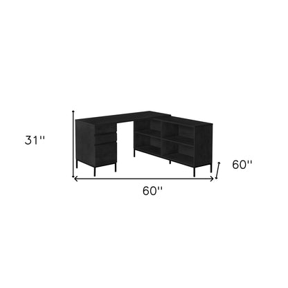 60" Black L Shape Computer Desk With Three Drawers