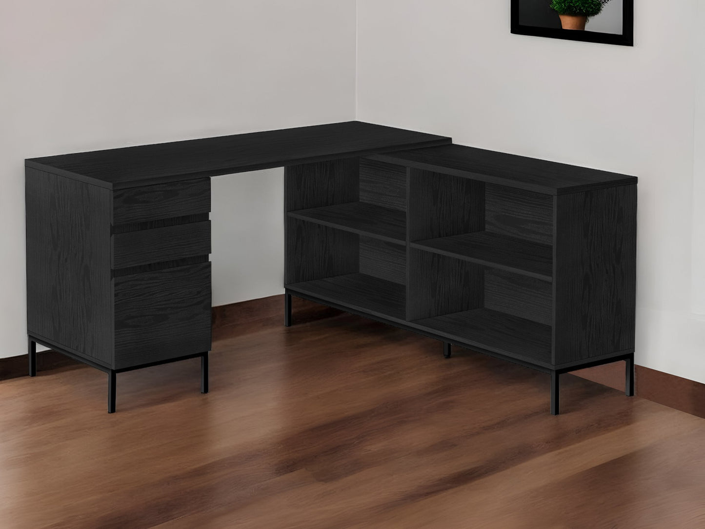 60" Black L Shape Computer Desk With Three Drawers