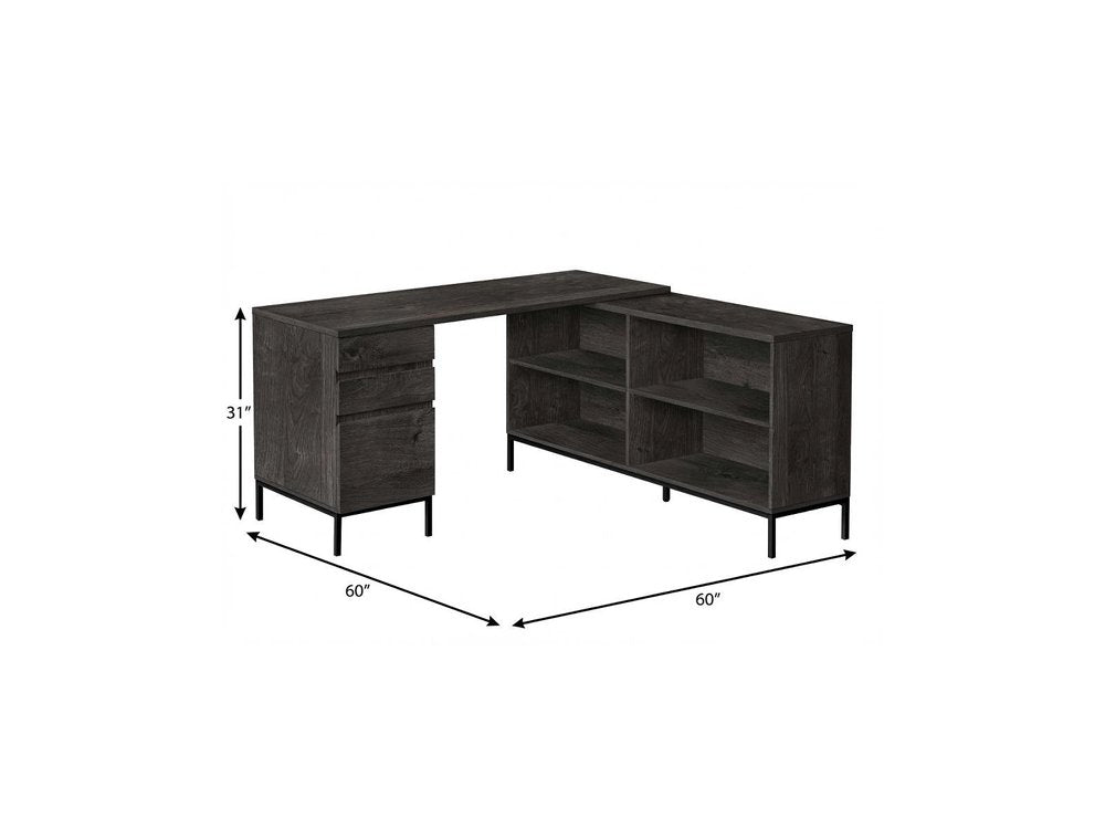 60" Gray and Black L Shape Computer Desk With Three Drawers