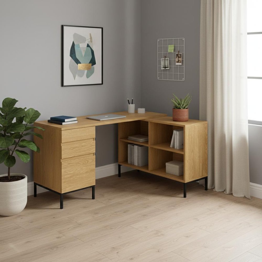 60" Brown and Black L Shape Computer Desk With Three Drawers