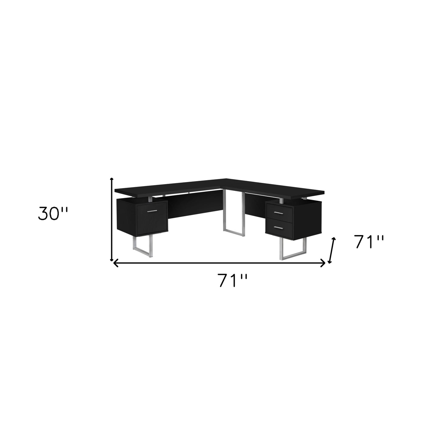 71" Black and Gray L Shape Computer Desk With Three Drawers