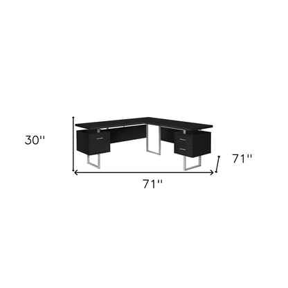 71" Black and Gray L Shape Computer Desk With Three Drawers