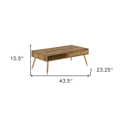 44" Natural And Brown Solid Wood Coffee Table With Drawer And Shelf