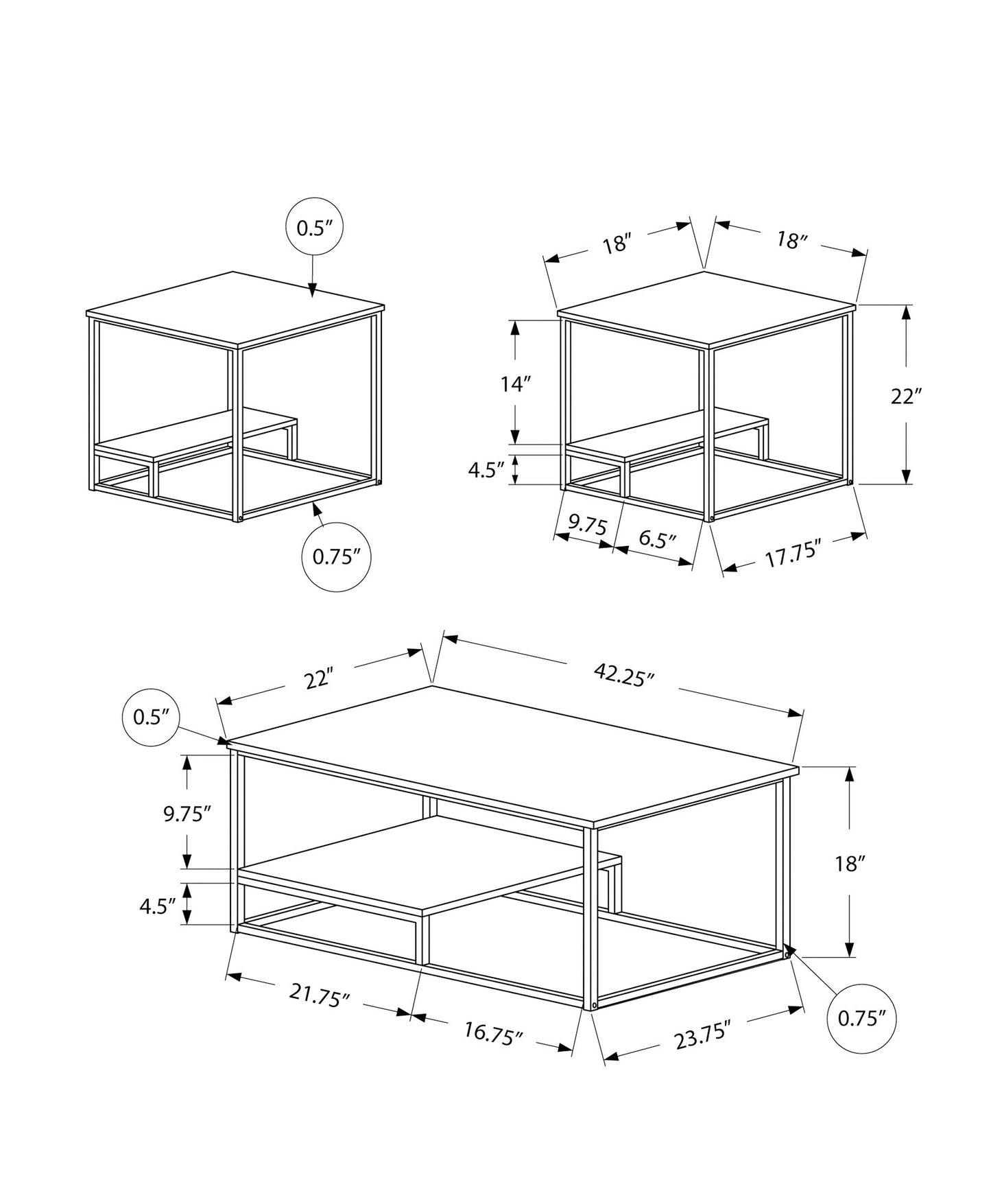 Set of Three 42" Black Metal Coffee Table With Shelf