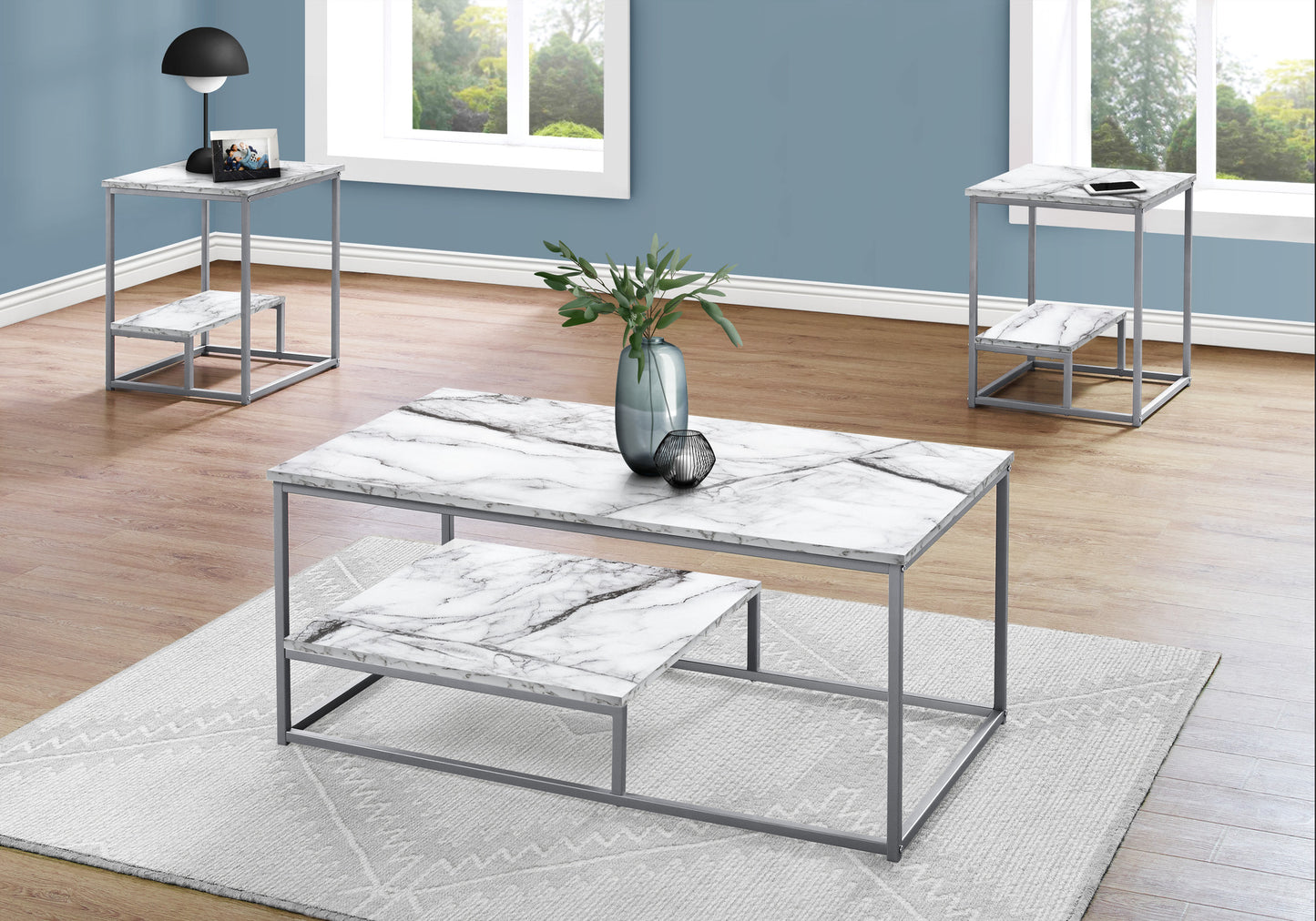 Set of Three 42" White Metal Coffee Table With Shelf