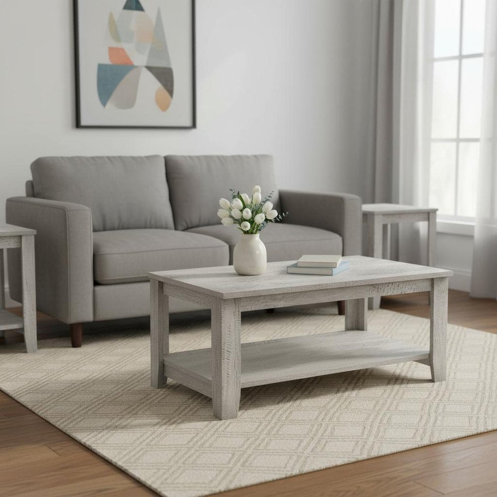 Set Of Three Light Gray Wood Coffee Table With Three Shelves