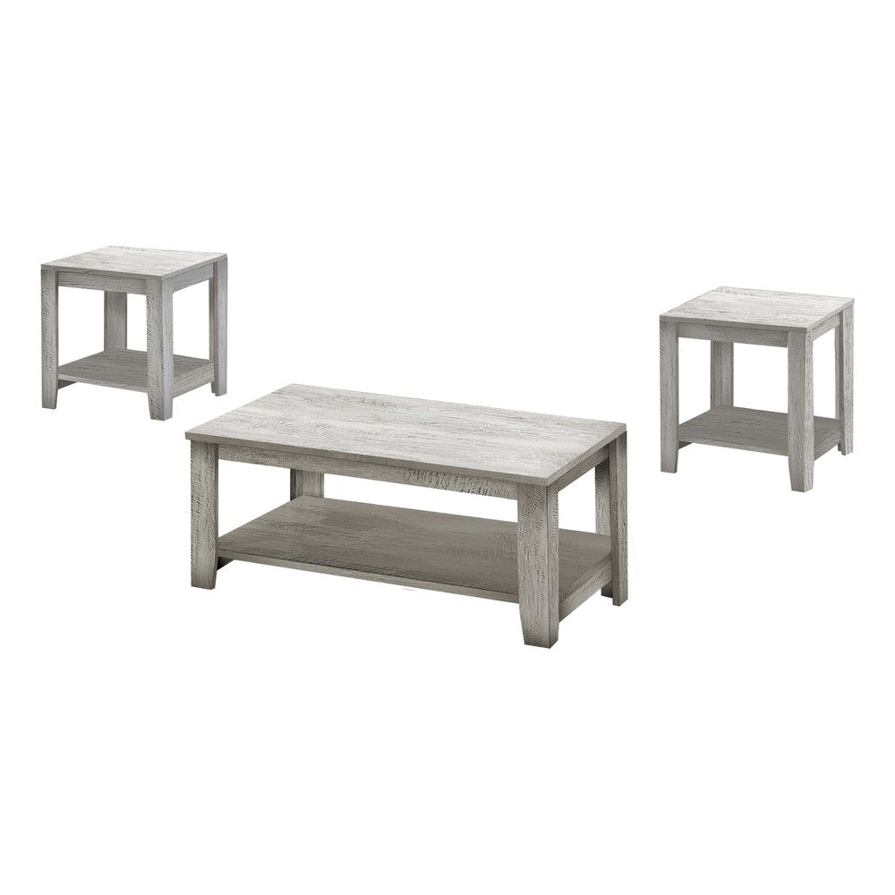 Set Of Three Light Gray Wood Coffee Table With Three Shelves