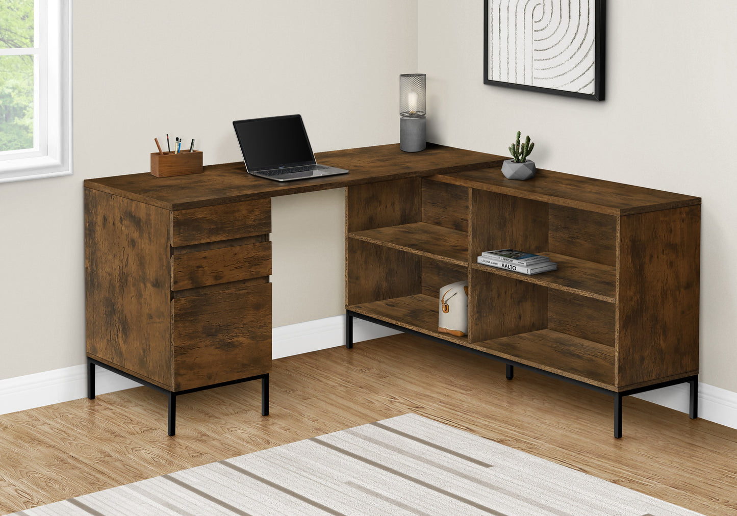 60" Brown and Black L Shape Computer Desk With Three Drawers