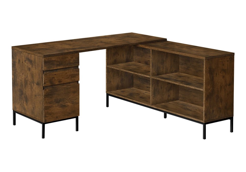 60" Brown and Black L Shape Computer Desk With Three Drawers