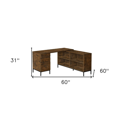 60" Brown and Black L Shape Computer Desk With Three Drawers