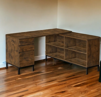 60" Brown and Black L Shape Computer Desk With Three Drawers