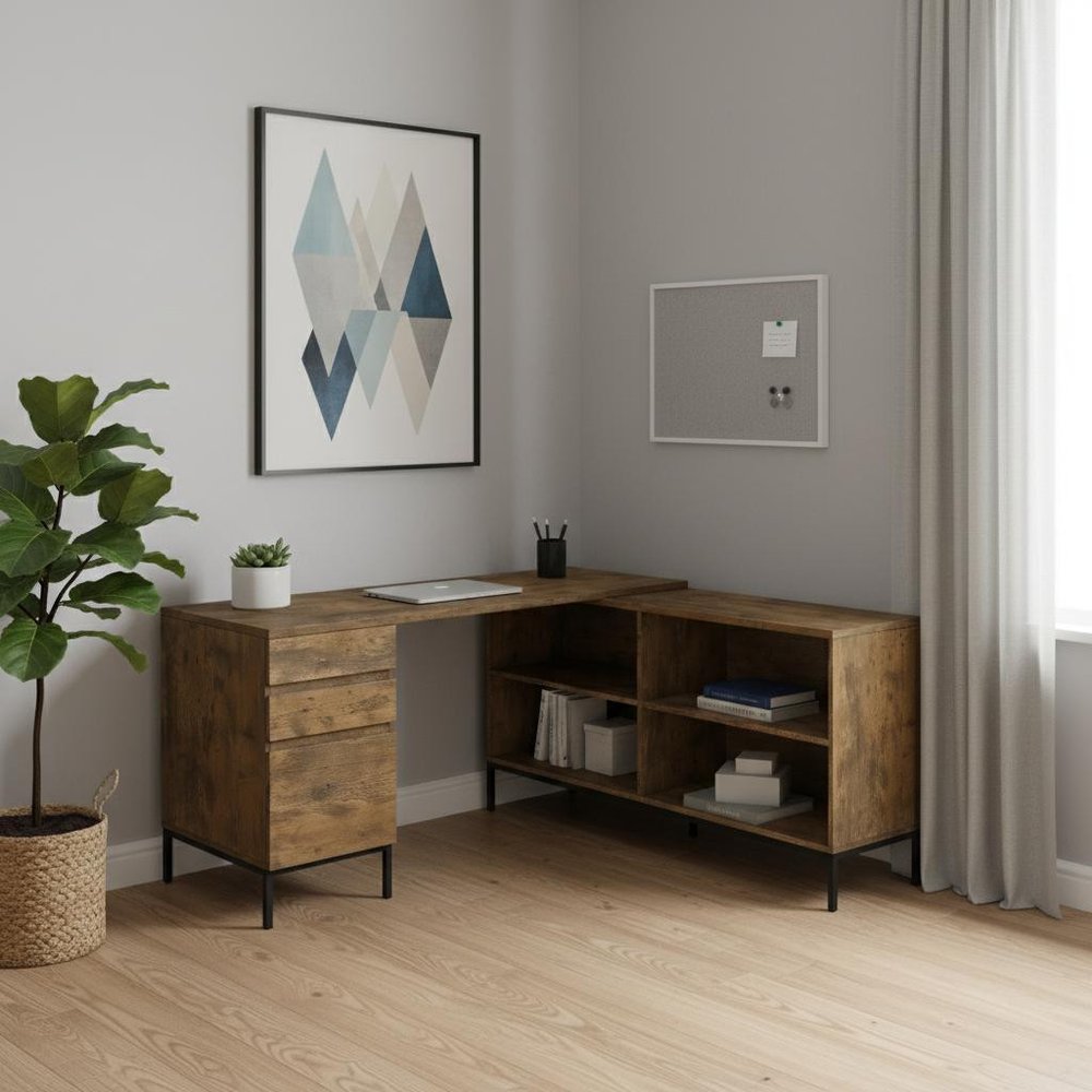 60" Brown and Black L Shape Computer Desk With Three Drawers