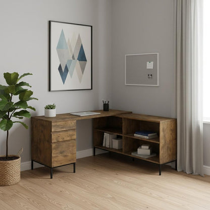 60" Brown and Black L Shape Computer Desk With Three Drawers