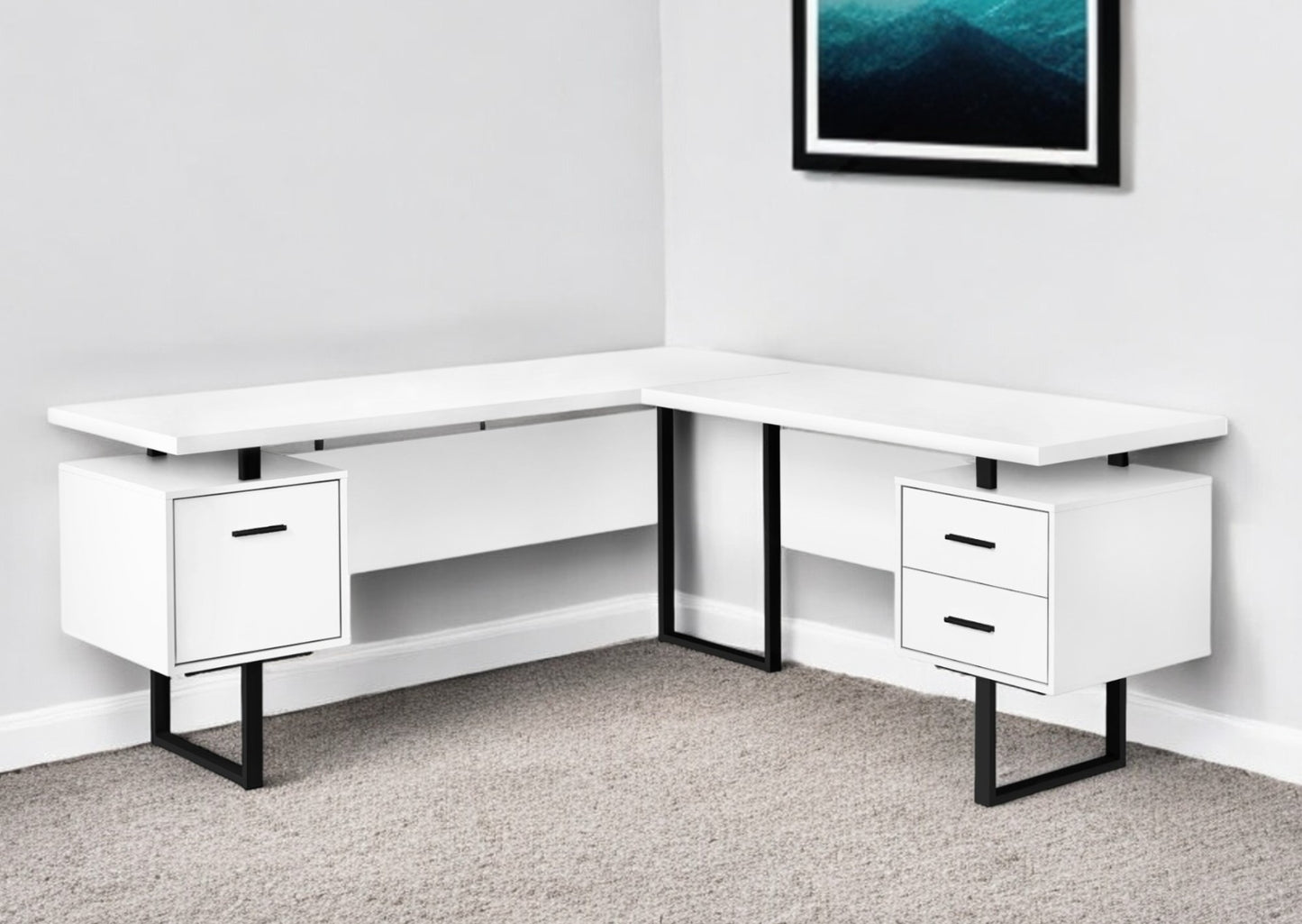 71" White and Black L Shape Computer Desk With Three Drawers