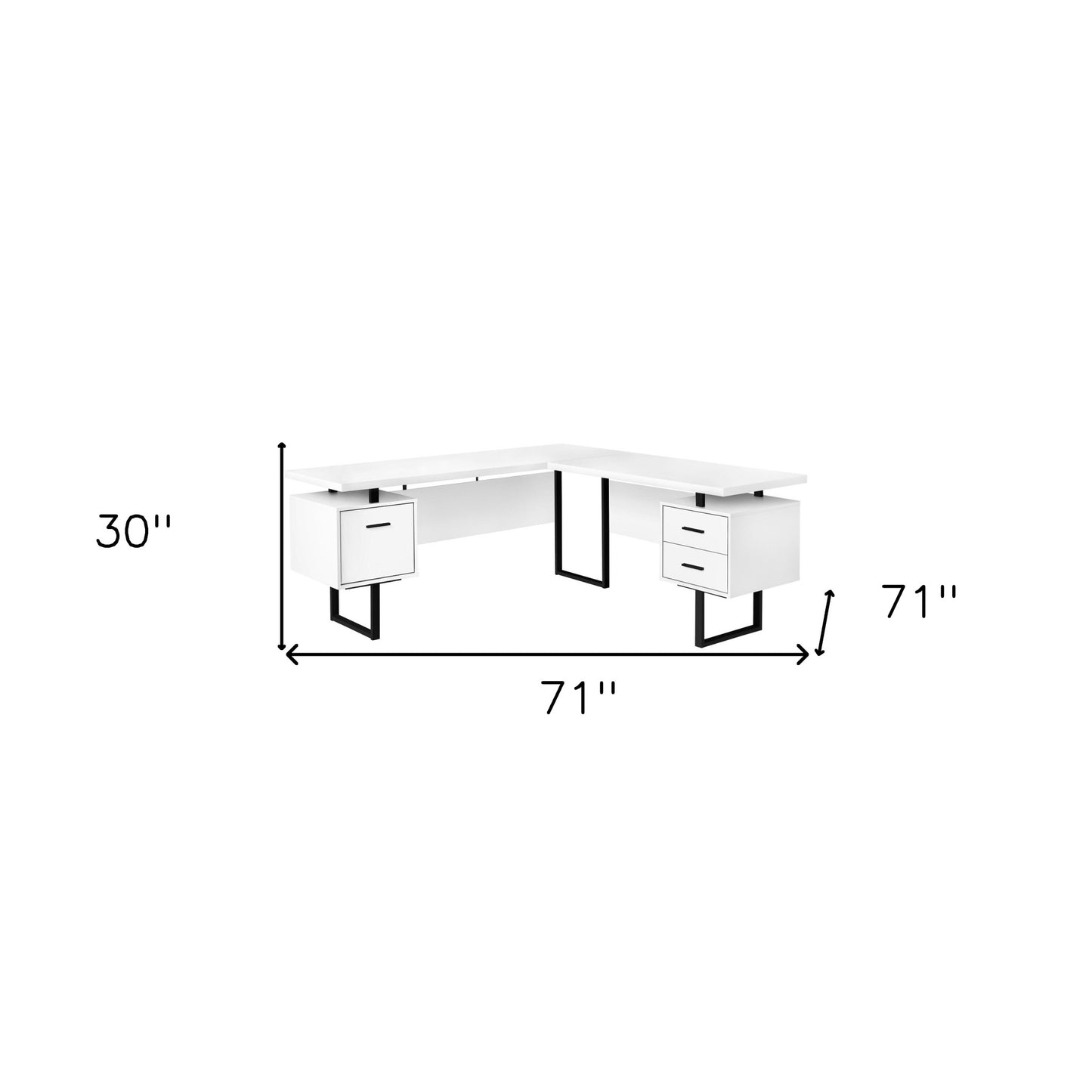 71" White and Black L Shape Computer Desk With Three Drawers