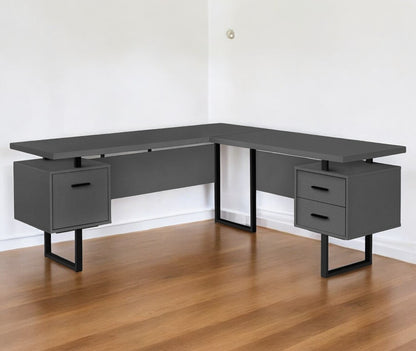 71" Dark Gray and Black L Shape Computer Desk With Three Drawers